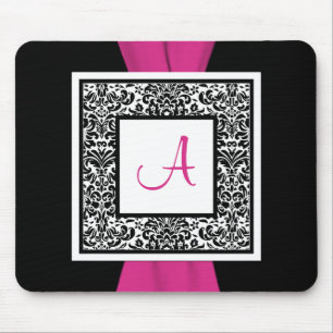 Monogram zwart, Roze, White Damask Mousepad Muismat