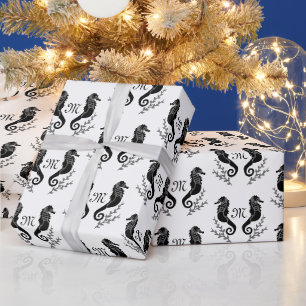 Monogram zwart Seahorse Silhouette Cadeaupapier