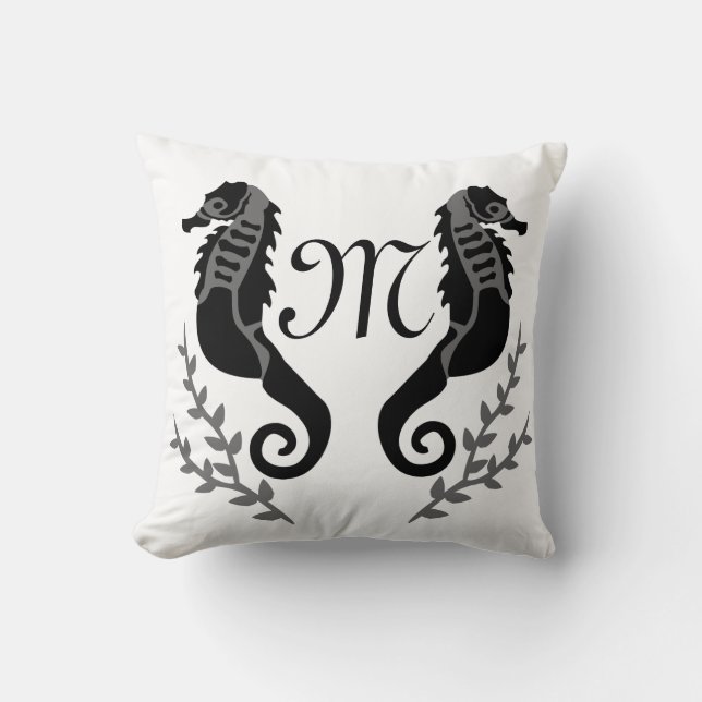 Monogram zwart Seahorse Silhouette Kussen (Voorkant)