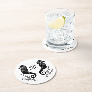 Monogram zwart Seahorse Silhouette Ronde Kartonnen Onderzetter