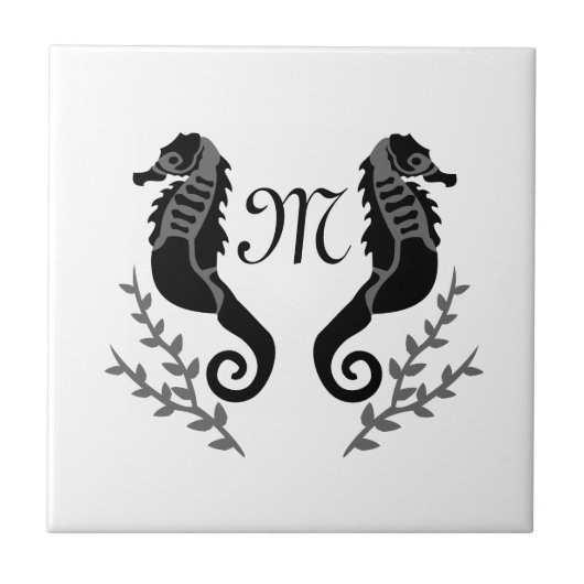 Monogram zwart Seahorse Silhouette Tegeltje (Voorkant)