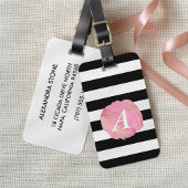 Monogram zwart Stripe & Roze Waterverf Initiaal Bagagelabel