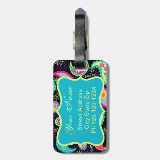 Monogram zwart Turquoise Modern Paisley Pattern Bagagelabel (Achterkant verticaal)