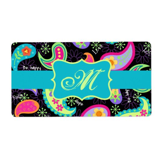 Monogram zwart Turquoise Modern Paisley Pattern Etiket (Voorkant)