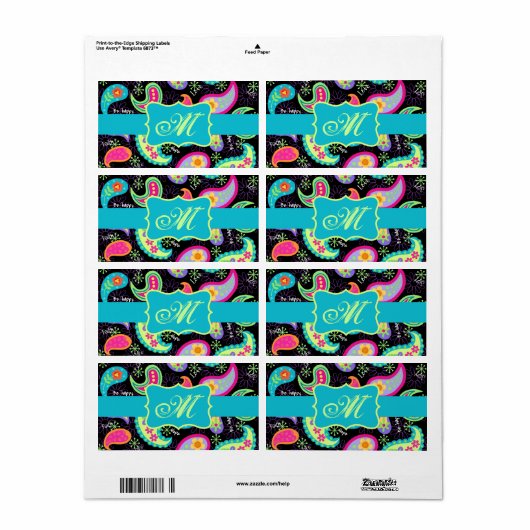 Monogram zwart Turquoise Modern Paisley Pattern Etiket (Full Sheet)