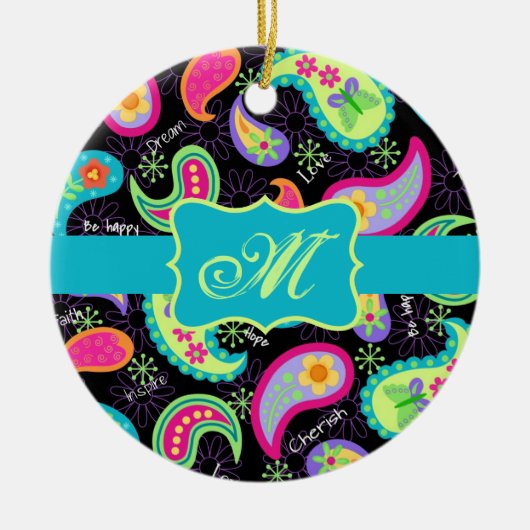 Monogram zwart Turquoise Modern Paisley Pattern Keramisch Ornament (Voorkant)