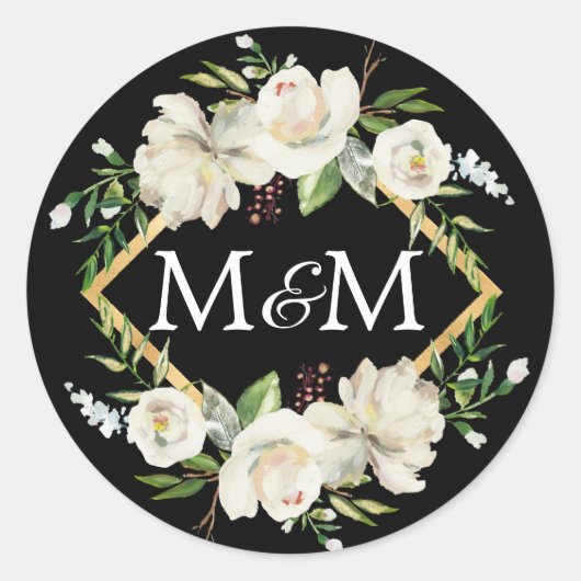 Monogram Zwart Waterverf Wit Bloemen Bruiloft Ronde Sticker (Voorkant)