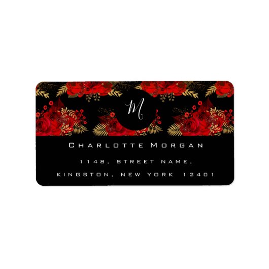 Monogram Zwart Wit Bloemen Goud Rozen Leaf RSVP Etiket (Voorkant)