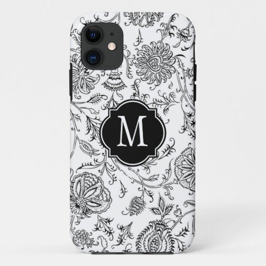 Monogram zwart-wit bloempatroon Case-Mate iPhone case (Achterkant)