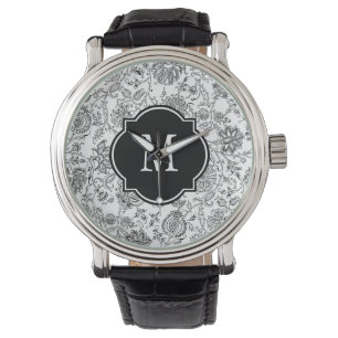 Monogram zwart-wit bloempatroon horloge