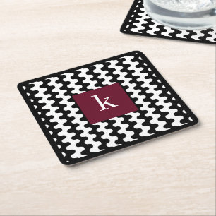Monogram Zwart Wit Bourgondi Vette Golf Patroon Vierkante Kartonnen Onderzetter