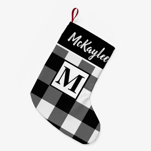 Monogram Zwart-wit Buffel Plaid Personaliseren Kleine Kerstsok (Voorkant (Hangend))