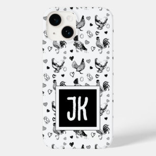 Monogram Zwart-wit Cartoon Kippen Case-Mate iPhone 14 Hoesje