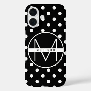 Monogram Zwart-wit Chic Polka Dot Pattern iPhone 16 Hoesje