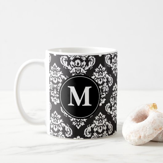 Monogram zwart-wit Damask Print Pattern Koffiemok (Met donut)