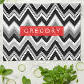 Monogram zwart wit en grijs chevron patroon theedoek (Gevouwen)