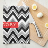 Monogram zwart wit en grijs chevron patroon theedoek (Quarter Fold)