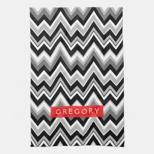Monogram zwart wit en grijs chevron patroon theedoek