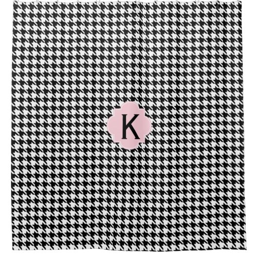Monogram Zwart, Wit en Pastel Roze Houndstooth Douchegordijn (Voorkant)
