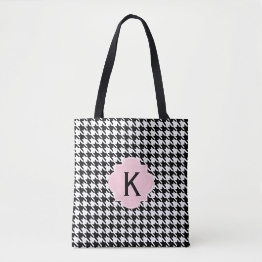 Monogram Zwart, Wit en Pastel Roze Houndstooth Tote Bag (Voorkant)