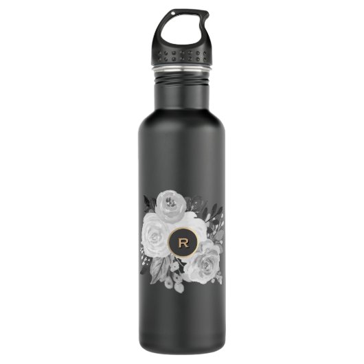 Monogram zwart-wit Floral Gold Statement Waterfles (Voorkant)