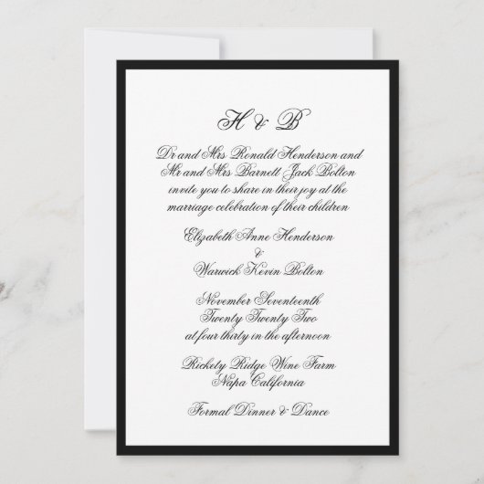 Monogram Zwart & Wit Formeel Lijst Bruiloft Kaart (Voorkant)