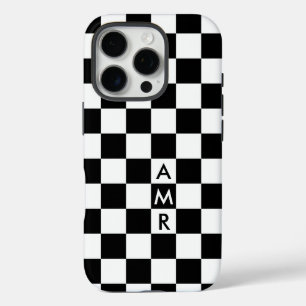 Monogram zwart wit geruit patroon iPhone 16 pro hoesje