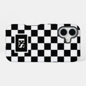 Monogram zwart wit geruit patroon iPhone 16 hoesje (Achterkant horizontaal)