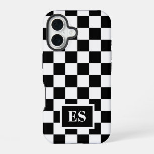 Monogram zwart wit geruit patroon iPhone 16 hoesje
