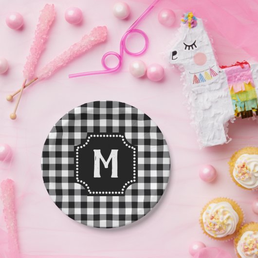Monogram zwart-wit Gingham Buffalo-cheque Papieren Bordje (Feest)