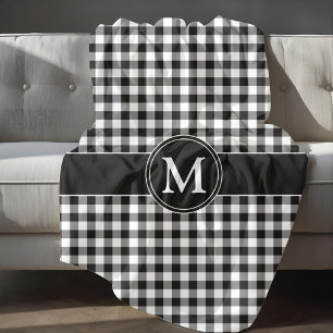 Monogram zwart-wit gingham fleece deken