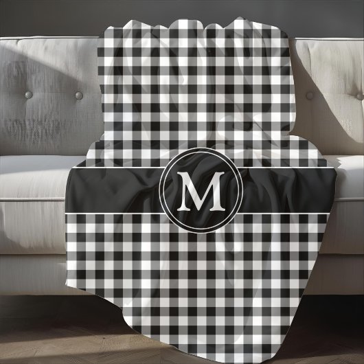 Monogram zwart-wit gingham fleece deken