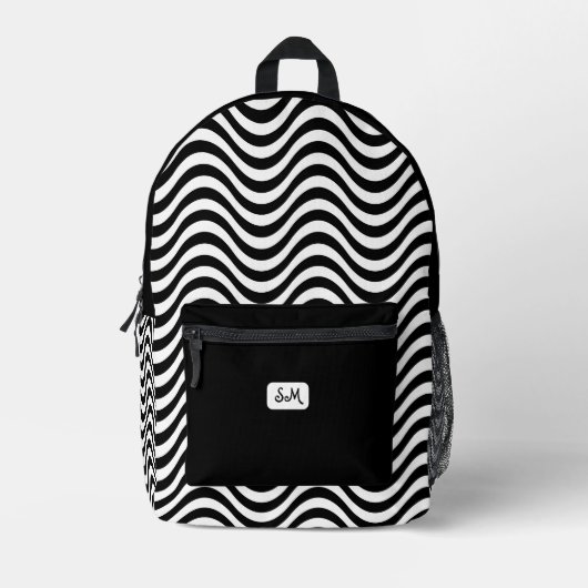 Monogram zwart wit golvende strepen psychedelisch bedrukte rugzak (Voorkant)