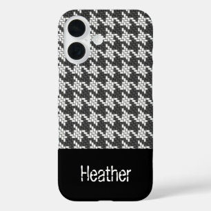 Monogram zwart-wit houndstooth patroon iPhone 16 hoesje