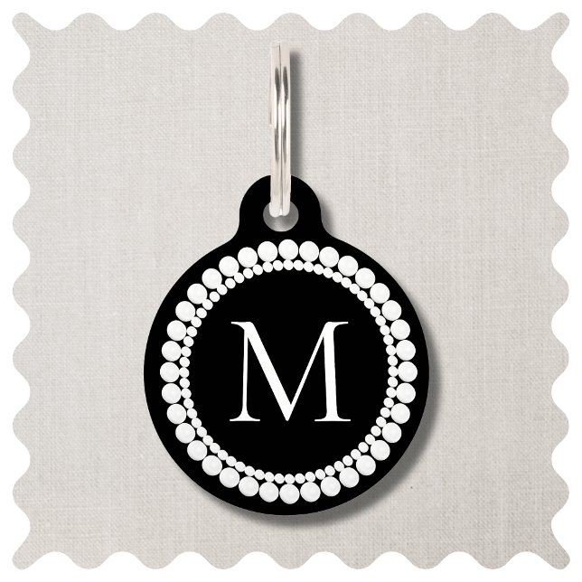 Monogram zwart-wit huisdierpenning (Black and White Monogrammed Dog ID Tag. Elegant Wedding Pet Tags. )