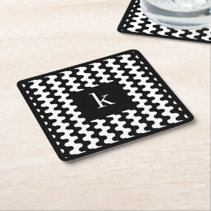 Monogram Zwart Wit Kordaat Golfpatroon Vierkante Kartonnen Onderzetter