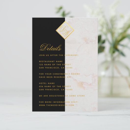 Monogram Zwart Wit Marmer Goud Bruiloft Details Informatiekaartje (Staand voorkant)