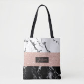 Monogram zwart wit marmer roos gouden strepen tote bag (Voorkant)