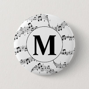 Monogram zwart-wit muzieknotitie ronde button 5,7 cm