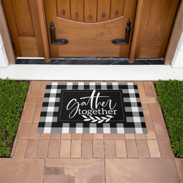 Monogram Zwart-wit Plaid Quote Welkom Deurmat (Buiten)