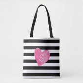Monogram zwart-wit Stripe Roze Heart Draagtas (Voorkant)