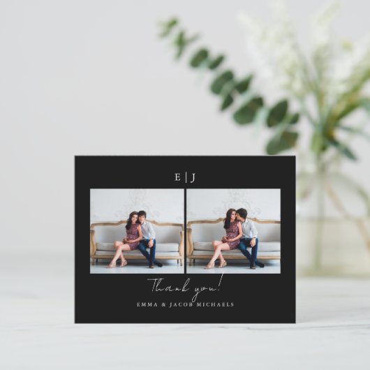 Monogram Zwart Wit Trouwfoto Dank u Briefkaart (Staand voorkant)