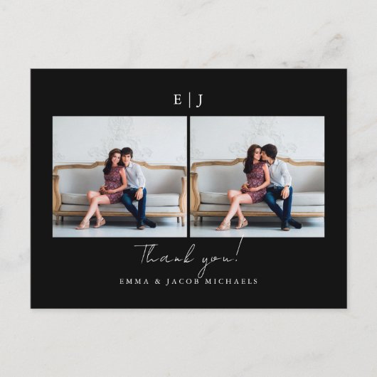 Monogram Zwart Wit Trouwfoto Dank u Briefkaart (Voorkant)
