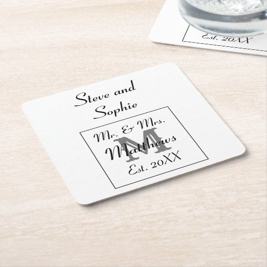 Monogram Zwart-Wit Trouwnamen Vierkante Kartonnen Onderzetter (Schuin)