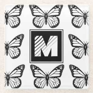 Monogram zwart-wit vlinderpatroon glazen onderzetter