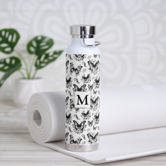 Monogram zwart wit vlinderpatroon waterfles (Yoga)