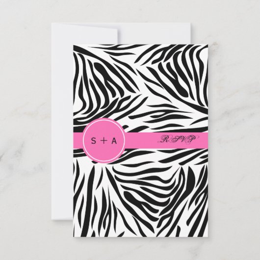 Monogram zwart-wit Zebra Afdrukken en warm roze RSVP Kaartje (Achterkant)