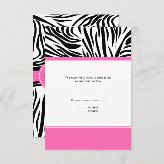 Monogram zwart-wit Zebra Afdrukken en warm roze RSVP Kaartje (Voorkant / Achterkant)