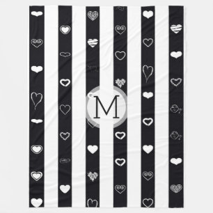 Monogram zwart-witte strepen Modern Heart Pattern Fleece Deken