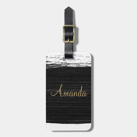 Monogram zwart-witte waterverf penseelpenseelspel bagagelabel (Voorkant verticaal)